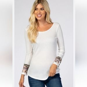 NEW Lovely Melody Boho Henley Colorblock Sleeve Waffle Knit Top